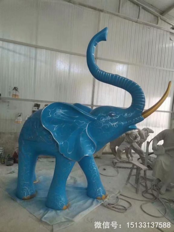 玻璃钢大象雕塑 深蓝色雕花大象动物雕塑10